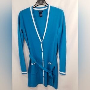 Doncaster Blue Cardigan Sweater with White Trim
